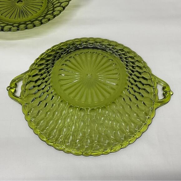 Vintage Indiana Glass Candy Dish Set of 2 Avocado Green Handles Round Honeycomb - Picture 3 of 5